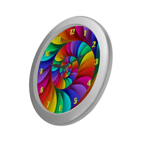 Psychedelic Rainbow Spiral Fractal Silver Color Wall Clock