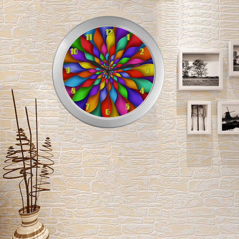Psychedelic Rainbow Spiral Fractal Silver Color Wall Clock