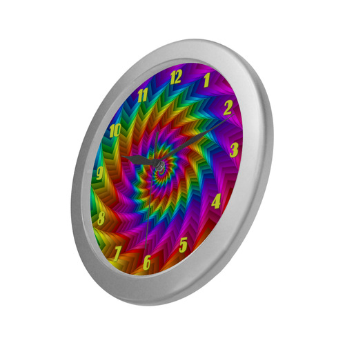 Psychedelic Rainbow Spiral Fractal Silver Color Wall Clock