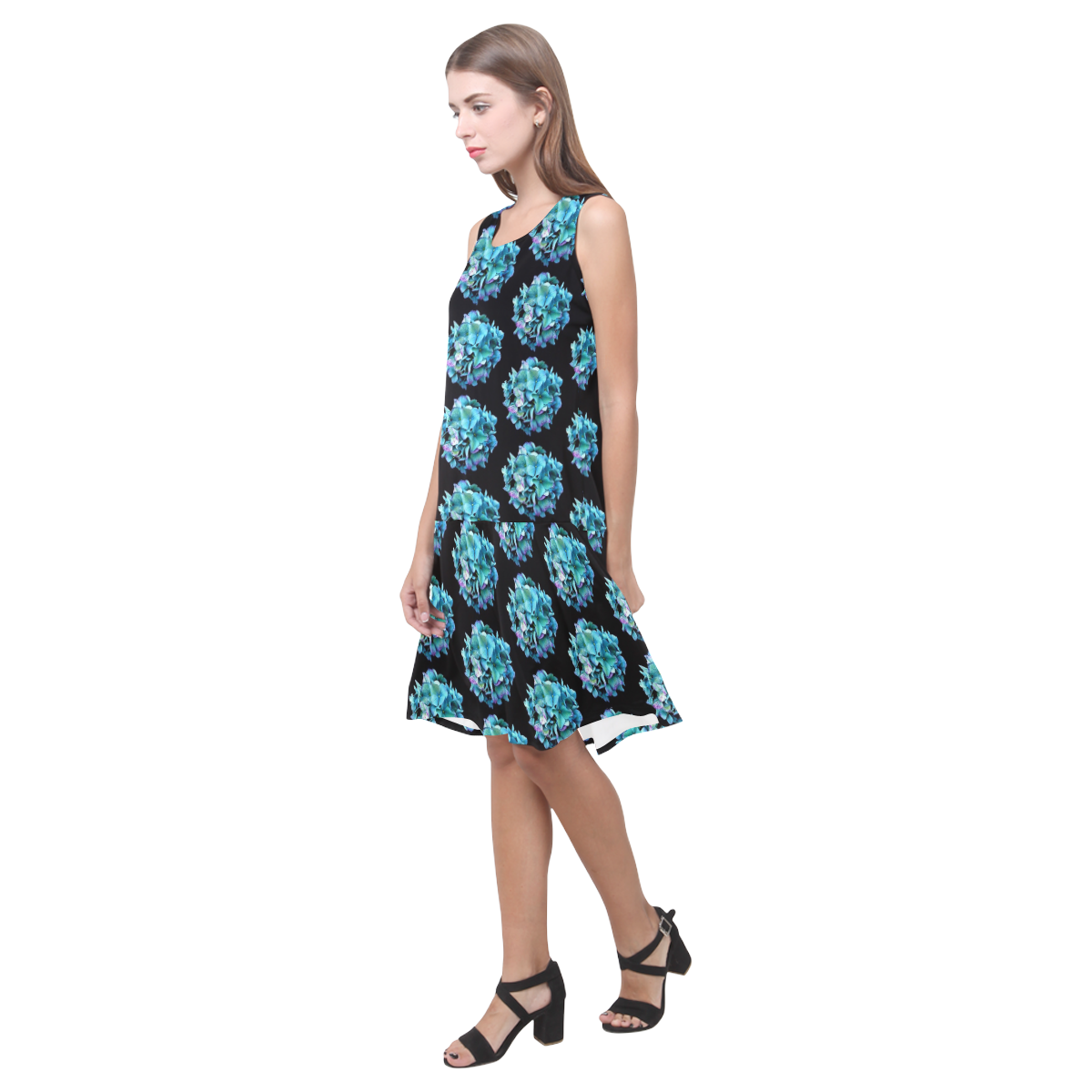 Green Blue Hydrangea Pattern Sleeveless Splicing Shift Dress(Model D17)
