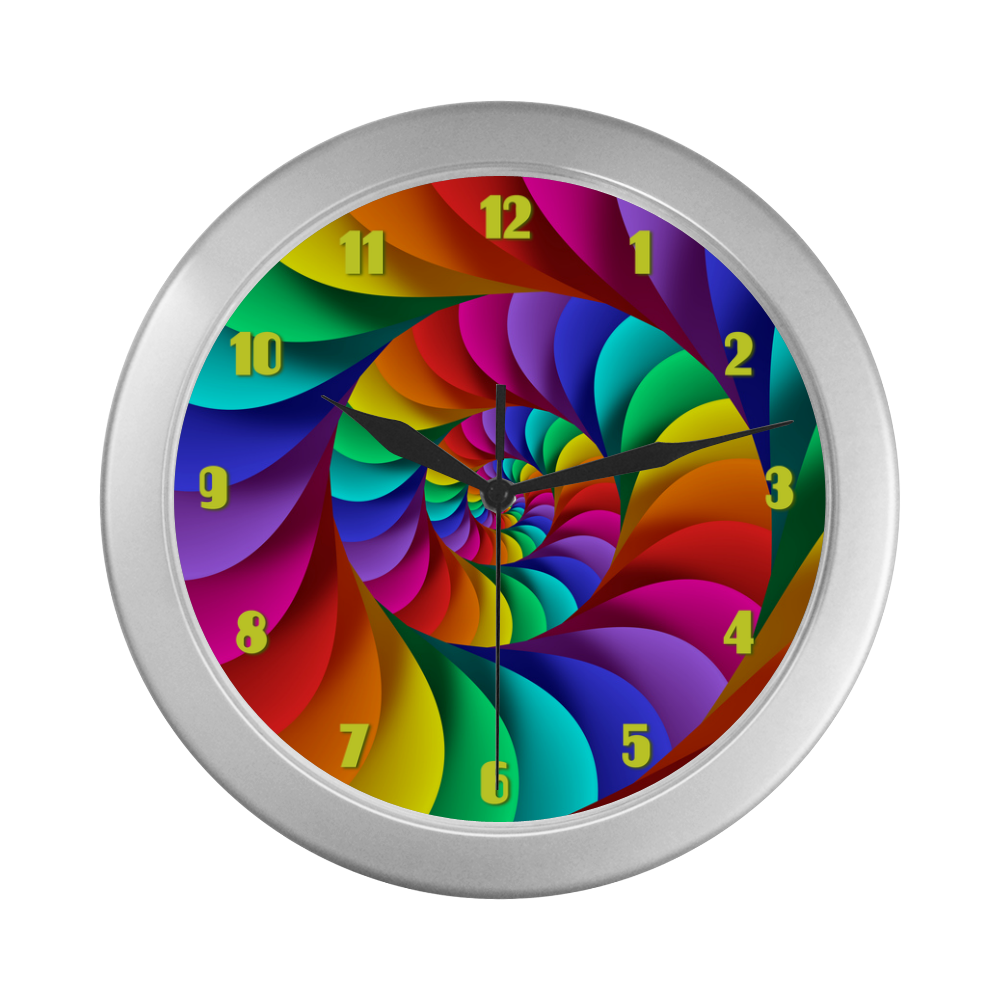 Psychedelic Rainbow Spiral Fractal Silver Color Wall Clock