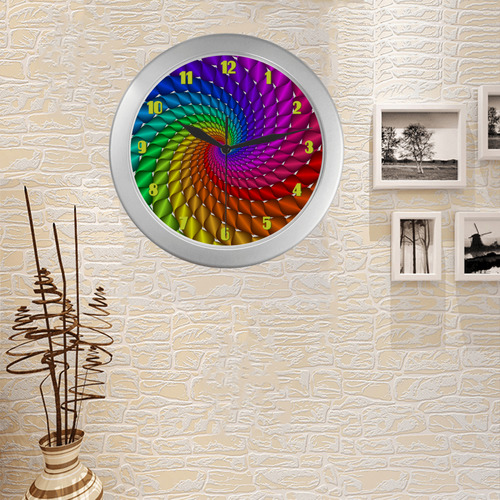 Psychedelic Rainbow Spiral Fractal Silver Color Wall Clock