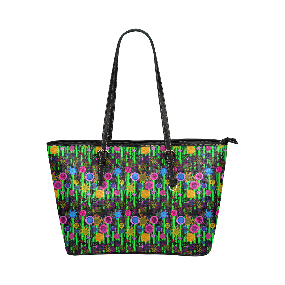Magical Flowers Leather Tote Bag/Large (Model 1651)