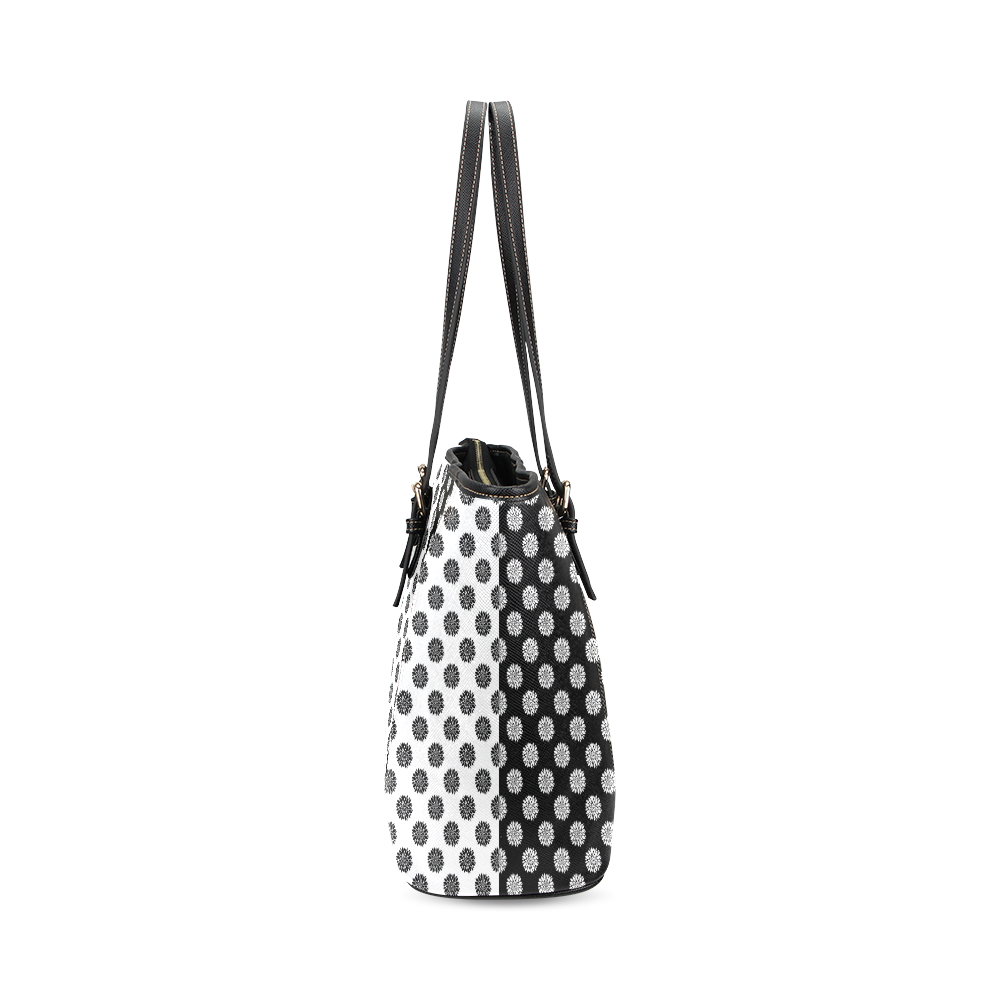 black and white peonies Leather Tote Bag/Large (Model 1640)