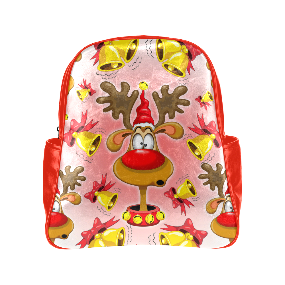 Reindeer Fun Christmas Cartoon with Bells Alarms Multi-Pockets Backpack (Model 1636)