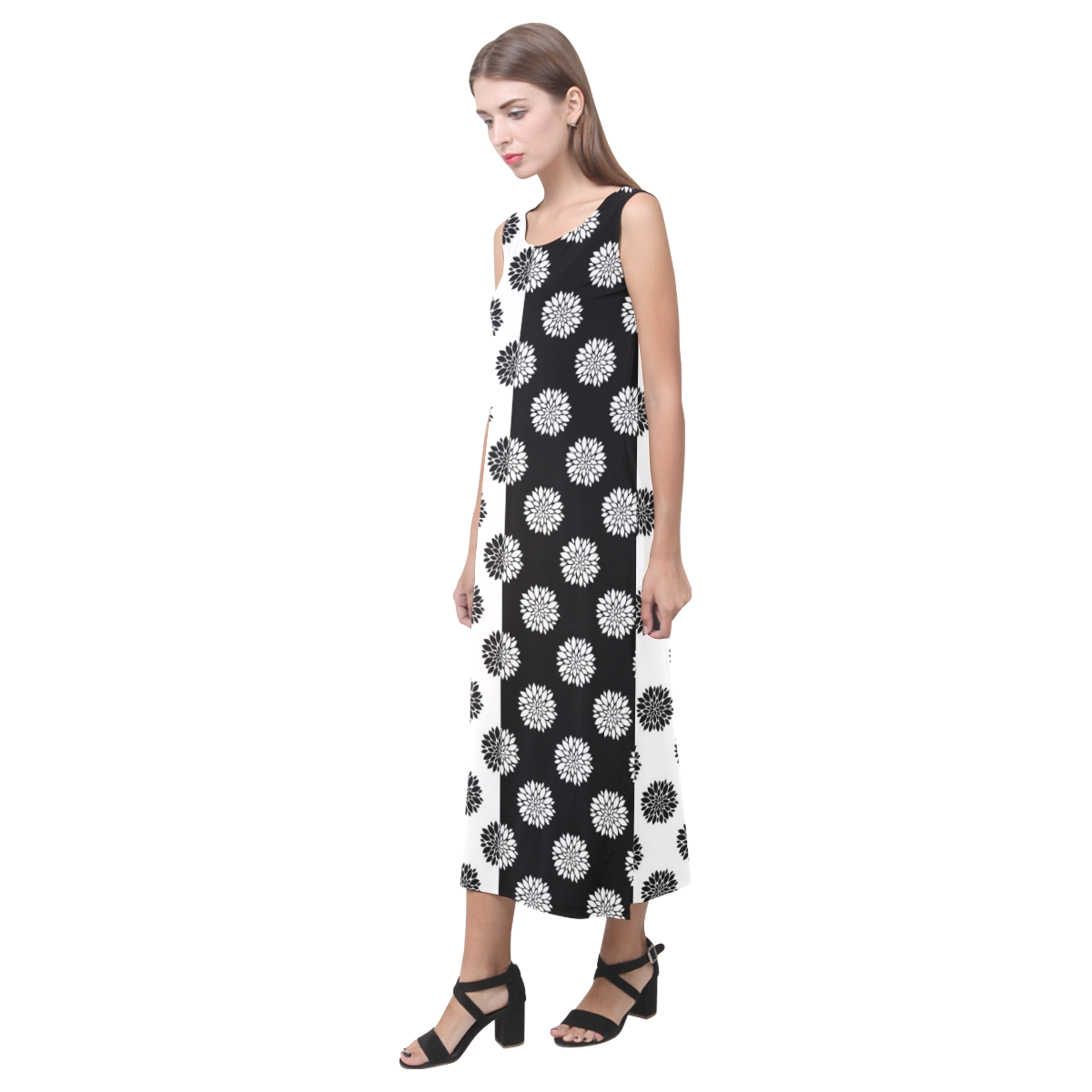 black and white peonies Phaedra Sleeveless Open Fork Long Dress (Model D08)