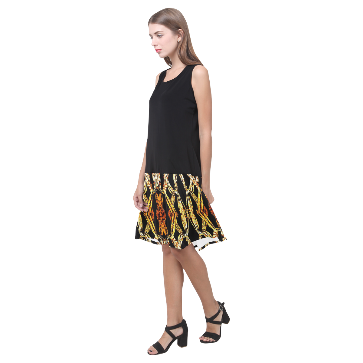 Elegant Oriental Pattern Black Gold Sleeveless Splicing Shift Dress(Model D17)