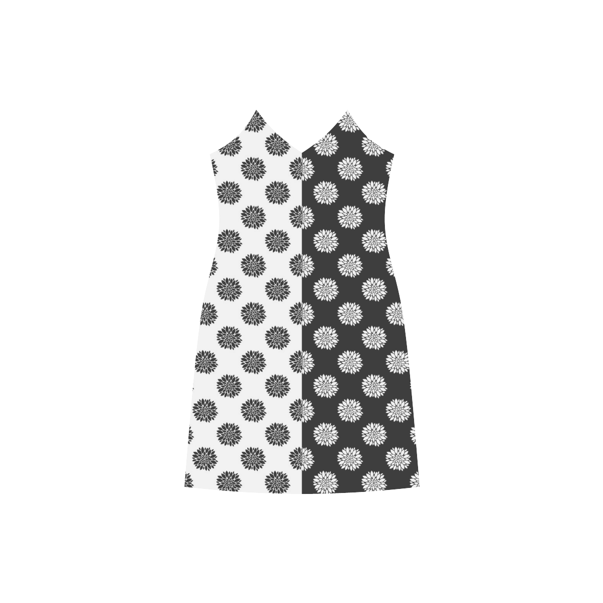 black and white peonies V-Neck Open Fork Long Dress(Model D18)