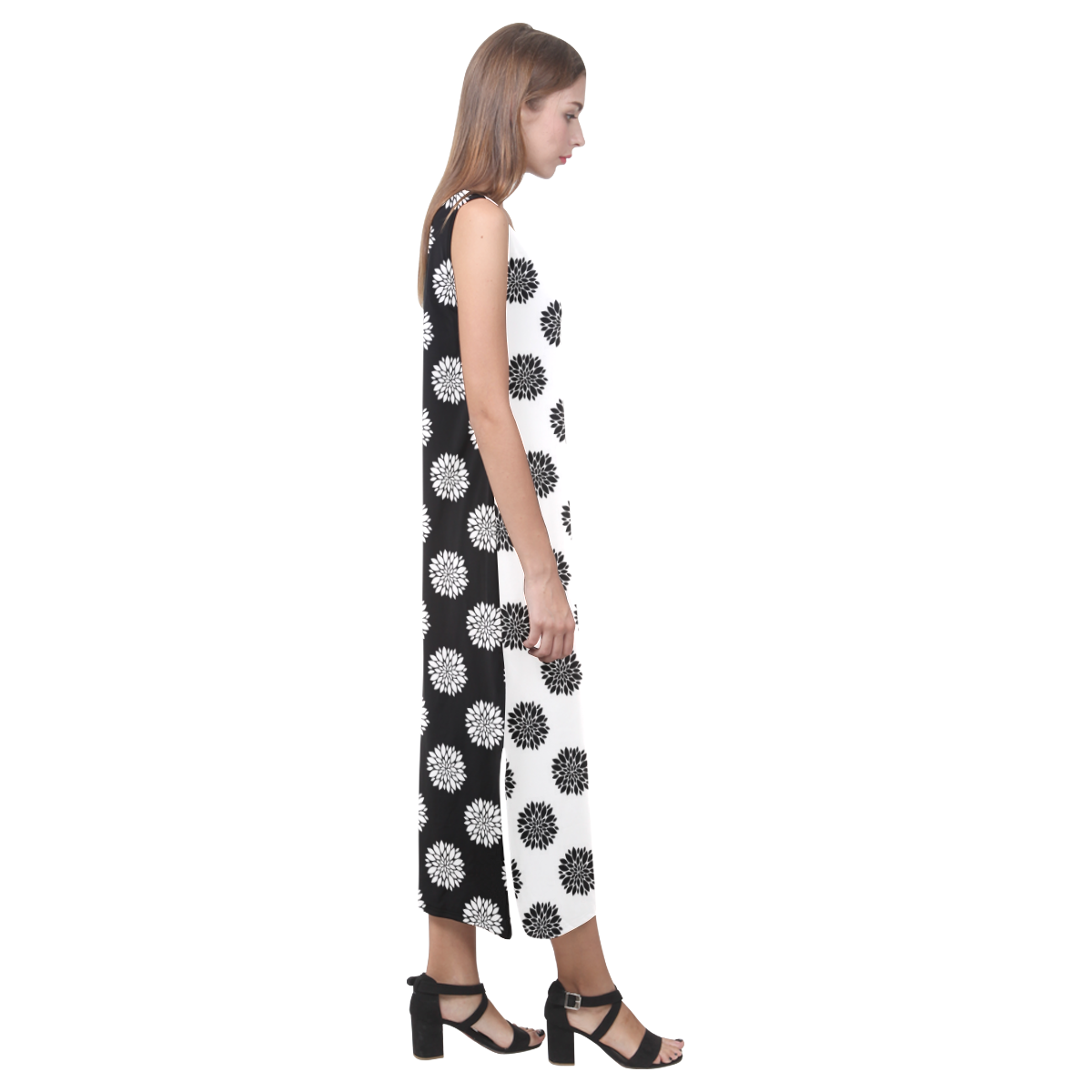 black and white peonies Phaedra Sleeveless Open Fork Long Dress (Model D08)