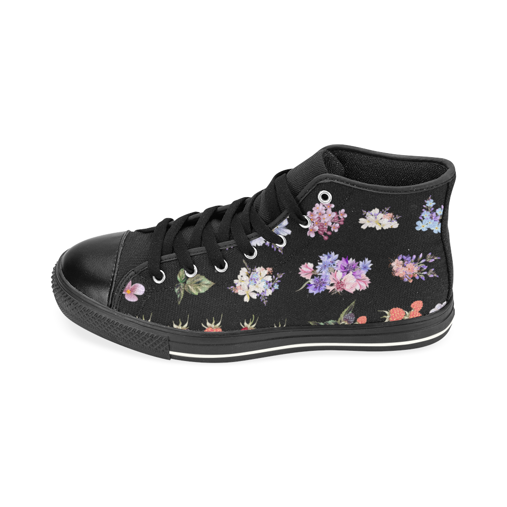 New arrival! Designers original shoes. Hand-drawn edition in floral tones and black High Top Canvas Women's Shoes/Large Size (Model 017)