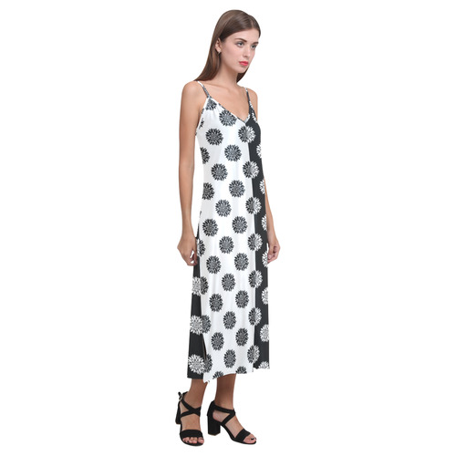 black and white peonies V-Neck Open Fork Long Dress(Model D18)