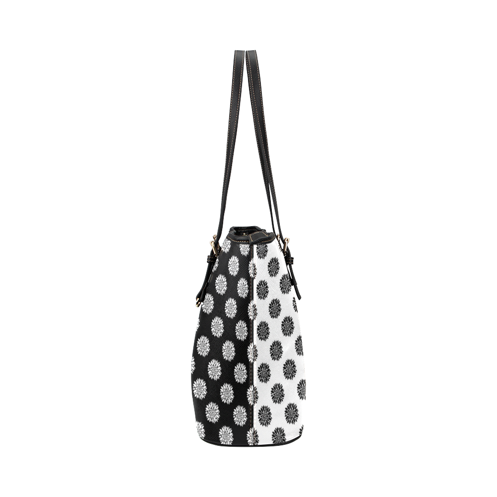 black and white peonies Leather Tote Bag/Large (Model 1651)