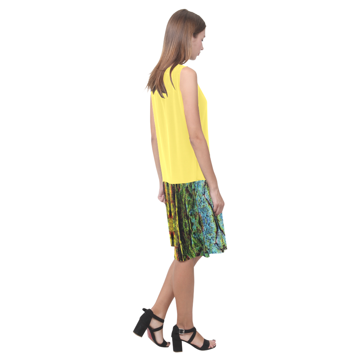 Abstract, Yellow Green, Purple, Sleeveless Splicing Shift Dress(Model D17)