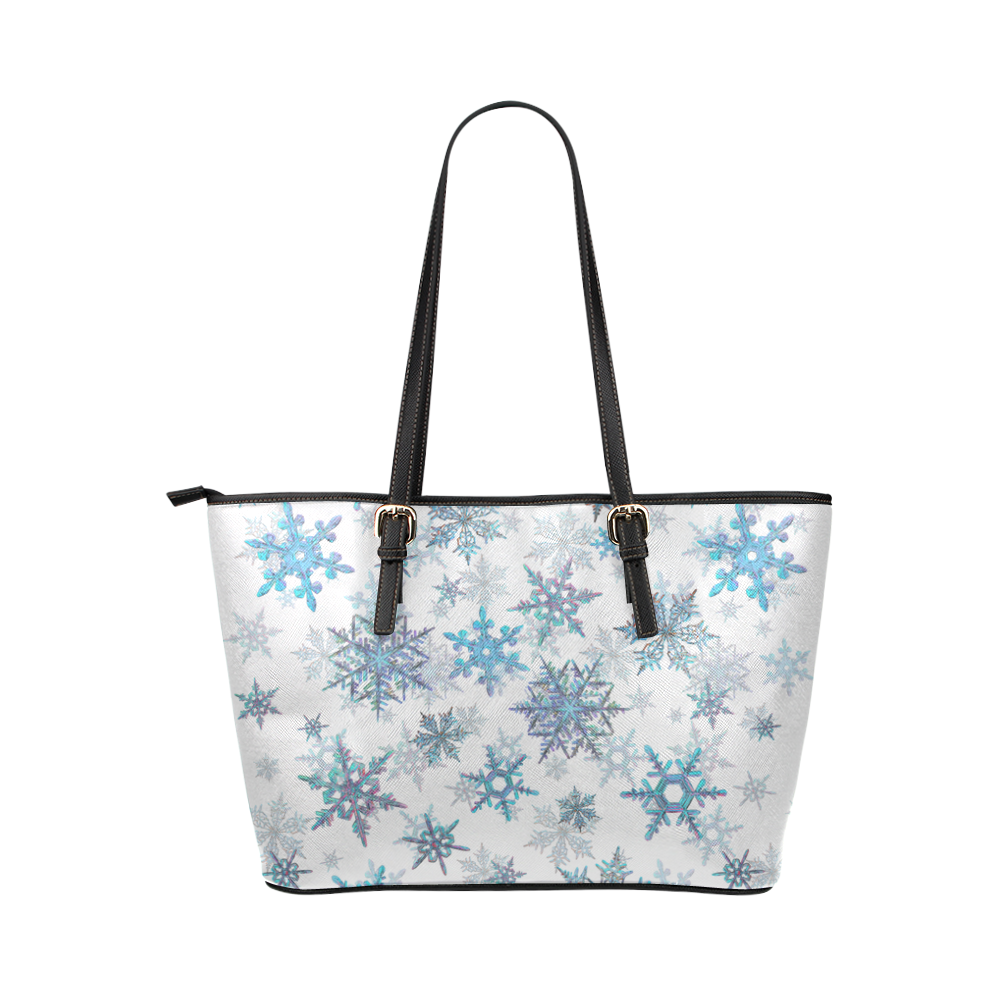 Snowflakes, Blue snow, stitched Leather Tote Bag/Small (Model 1651)