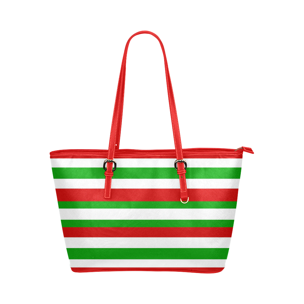 Red, Green and White Stripes Leather Tote Bag/Large (Model 1651)
