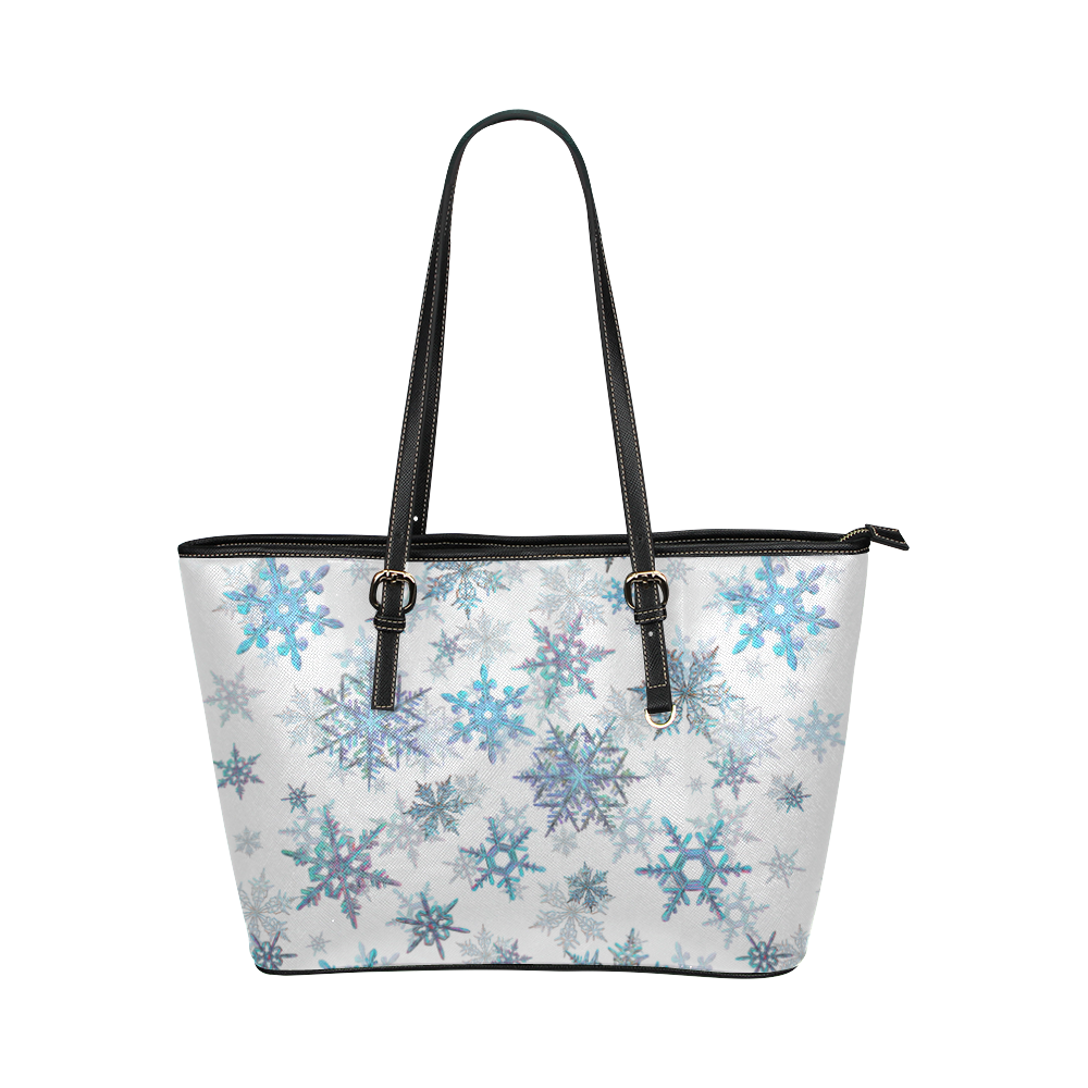 Snowflakes, Blue snow, stitched Leather Tote Bag/Small (Model 1651)