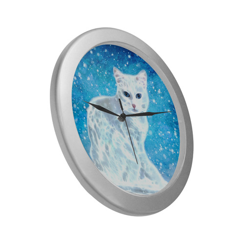 Abstract cute white cat Silver Color Wall Clock