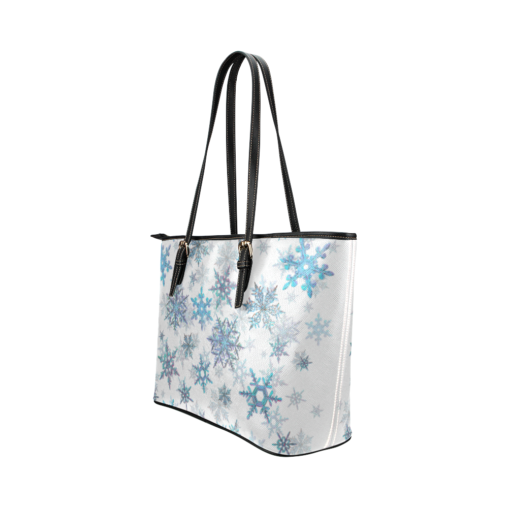 Snowflakes, Blue snow, stitched Leather Tote Bag/Small (Model 1651)