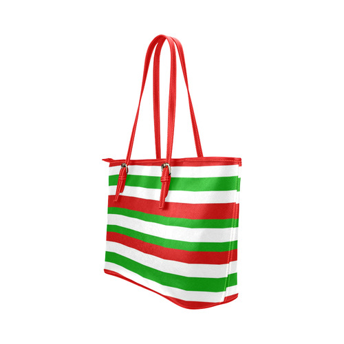 Red, Green and White Stripes Leather Tote Bag/Large (Model 1651)