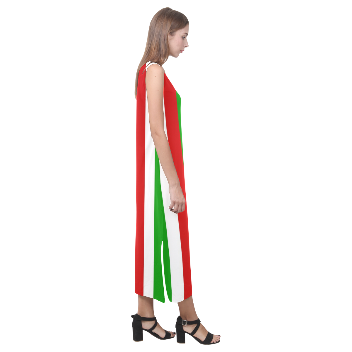 Red, Green and White Stripes Phaedra Sleeveless Open Fork Long Dress (Model D08)