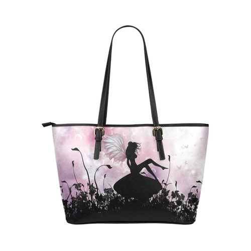 Pink Fairy Silhouette with bubbles Leather Tote Bag/Large (Model 1651)