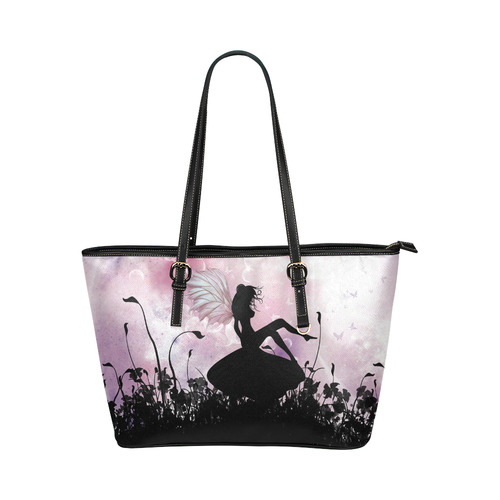 Pink Fairy Silhouette with bubbles Leather Tote Bag/Large (Model 1651)