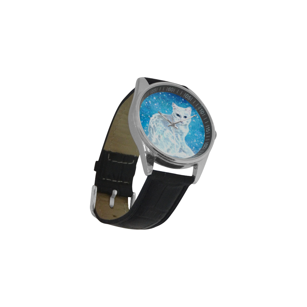 Abstract cute white cat Men's Casual Leather Strap Watch(Model 211)