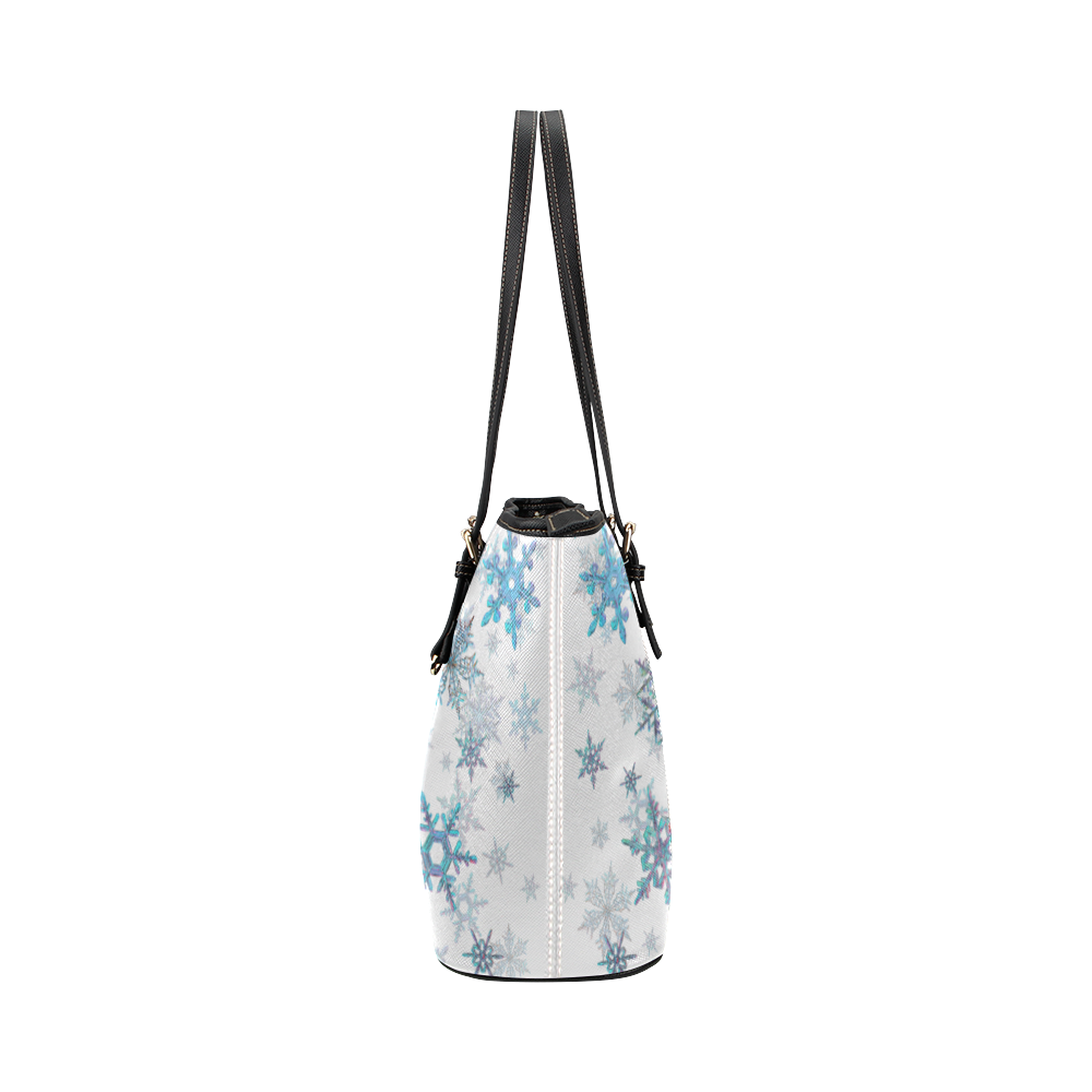 Snowflakes, Blue snow, stitched Leather Tote Bag/Small (Model 1651)