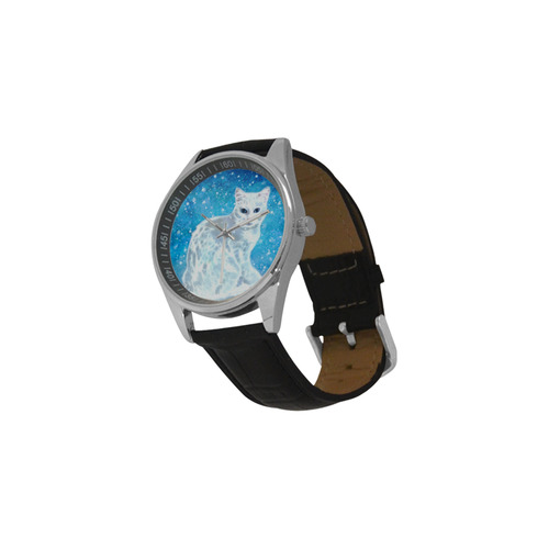 Abstract cute white cat Men's Casual Leather Strap Watch(Model 211)