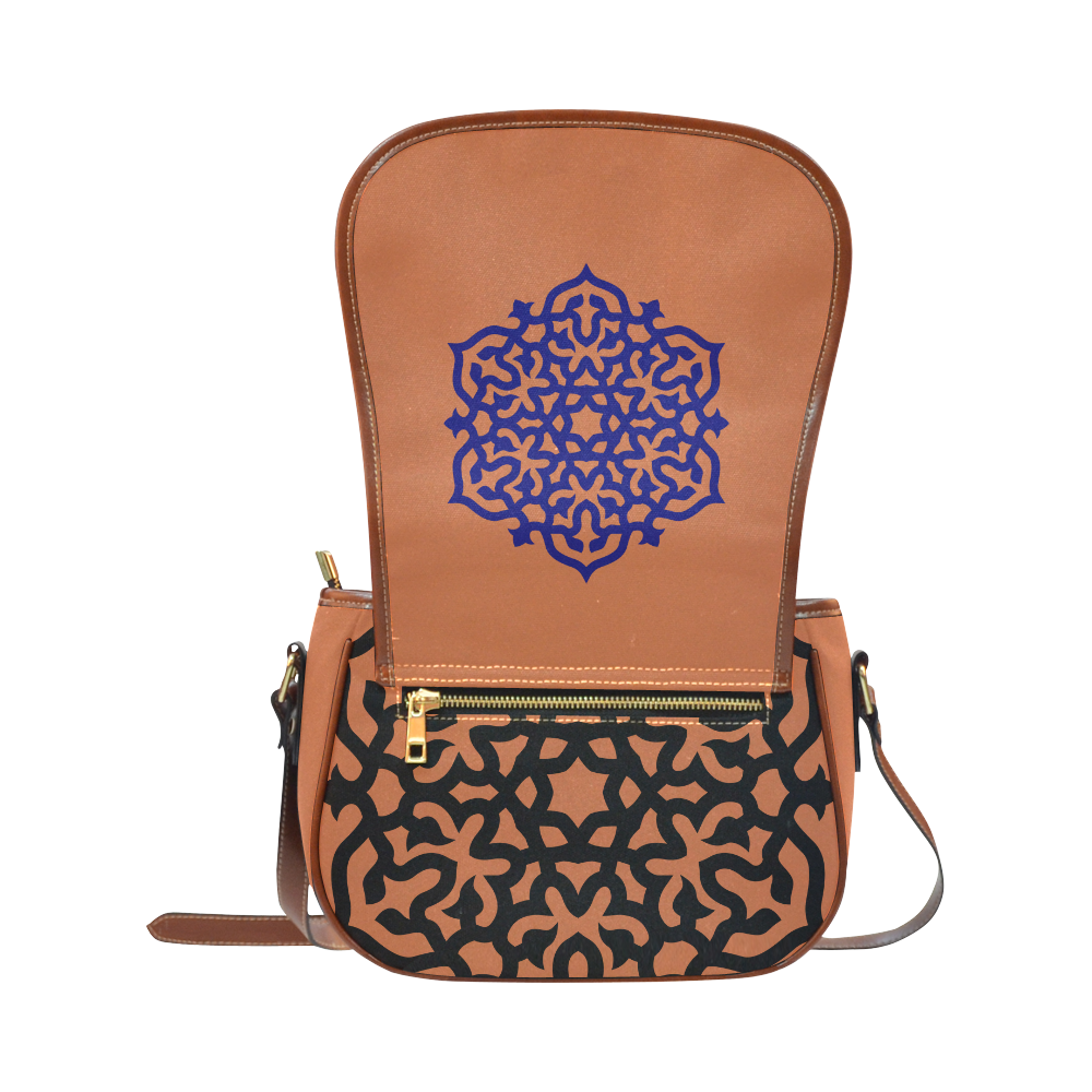 New! Original designers fashion Bag edition with Mandala art : Luxury fashion / brown and dark blue  Saddle Bag/Small (Model 1649) Full Customization