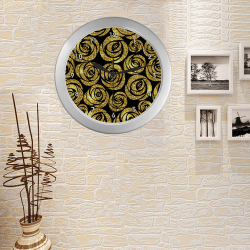 Beautiful Gold Flowers Black Background Silver Color Wall Clock