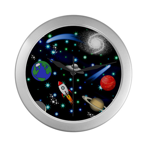 Galaxy Universe - Planets, Stars, Comets, Rockets Silver Color Wall Clock