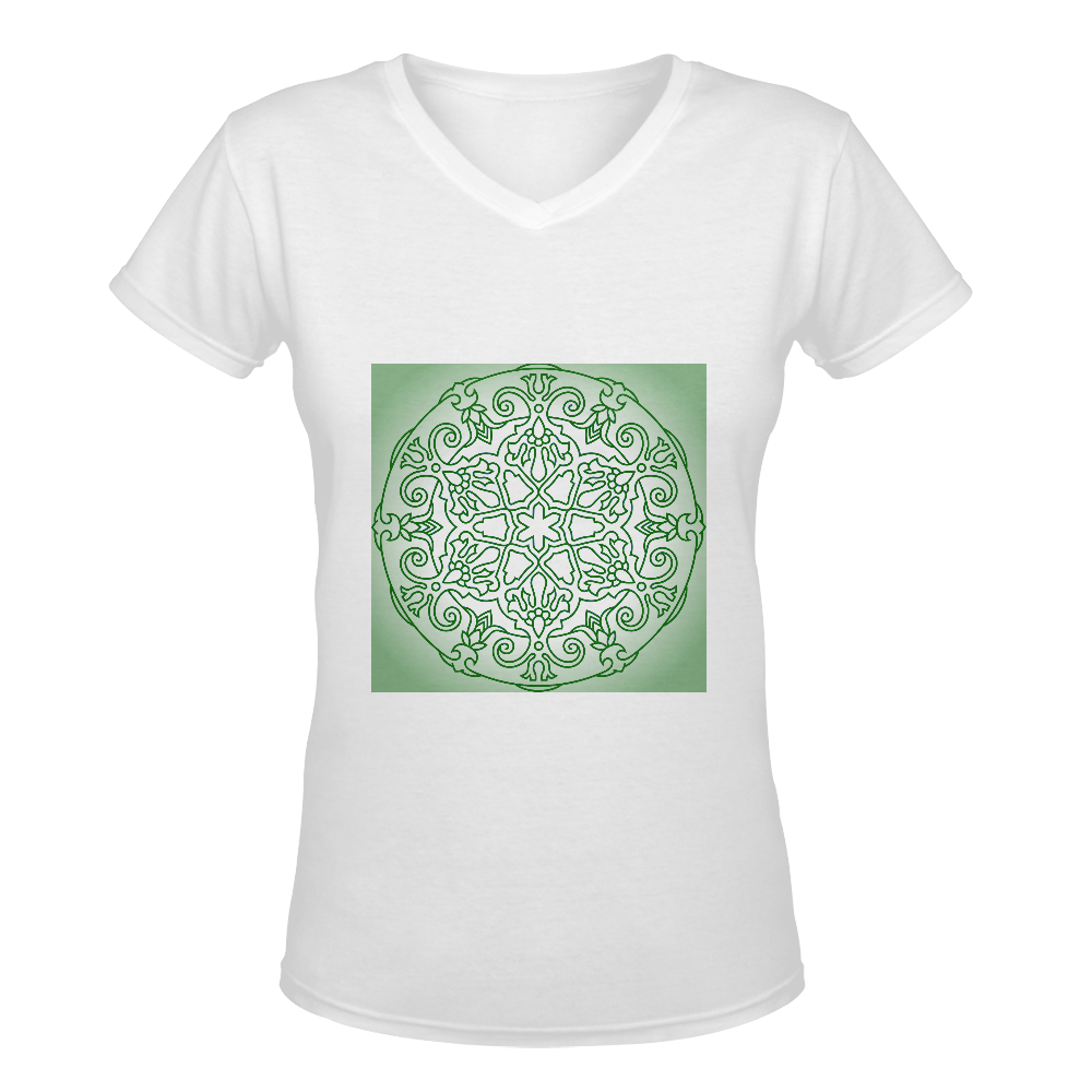 Designers vintage t-shirt edition with mandala art. Green and white designers edition 2016 Women's Deep V-neck T-shirt (Model T19)