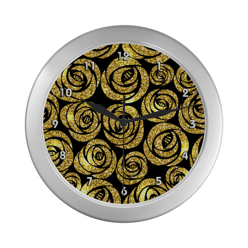 Beautiful Gold Flowers Black Background Silver Color Wall Clock