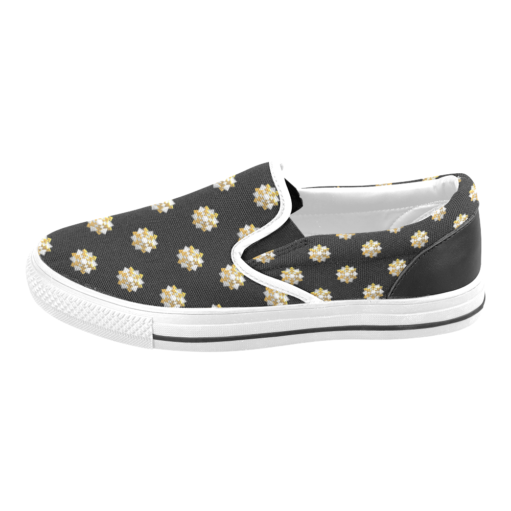 Metallic Silver And Gold Bows on Black Men's Slip-on Canvas Shoes (Model 019)