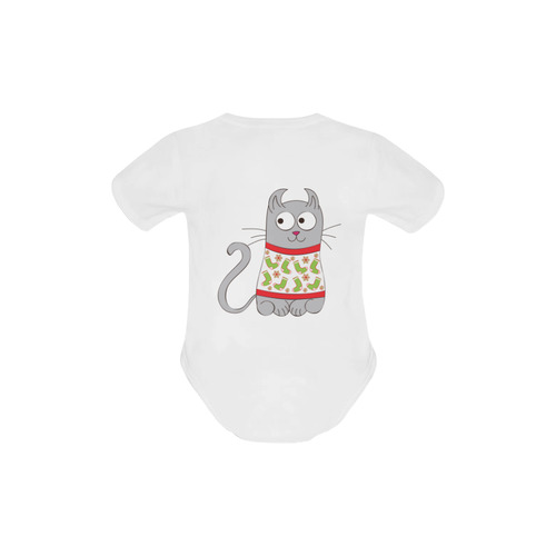 Cartoon cat wearing ugly Christmas Sweater Baby Powder Organic Short Sleeve One Piece (Model T28)