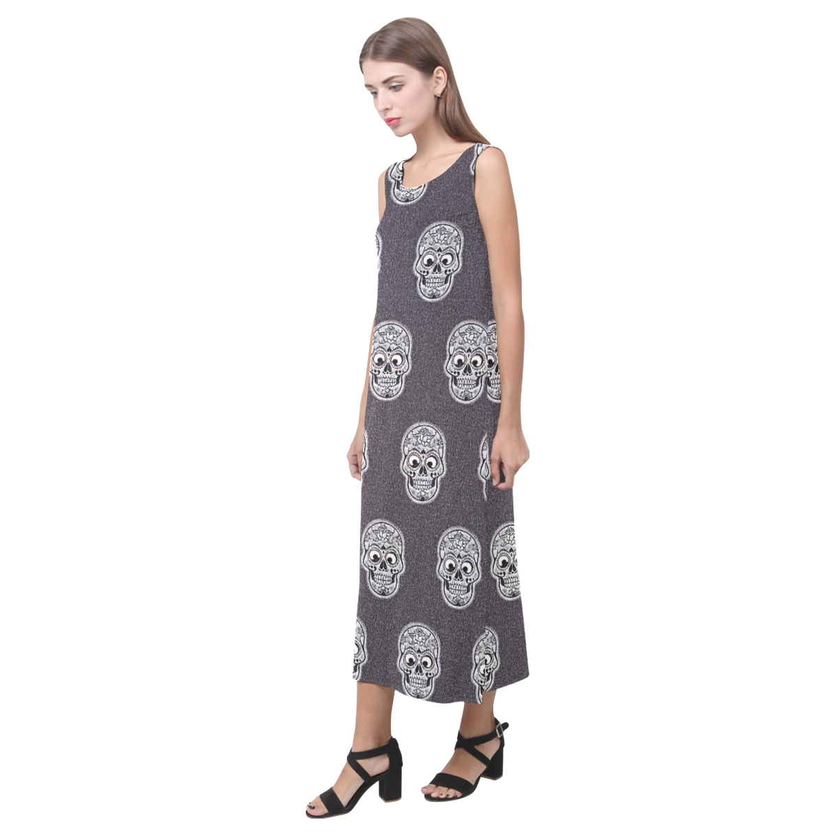 funny skull pattern Phaedra Sleeveless Open Fork Long Dress (Model D08)