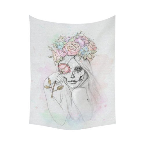Boho Queen, skull girl, watercolor woman Cotton Linen Wall Tapestry 60"x 80"