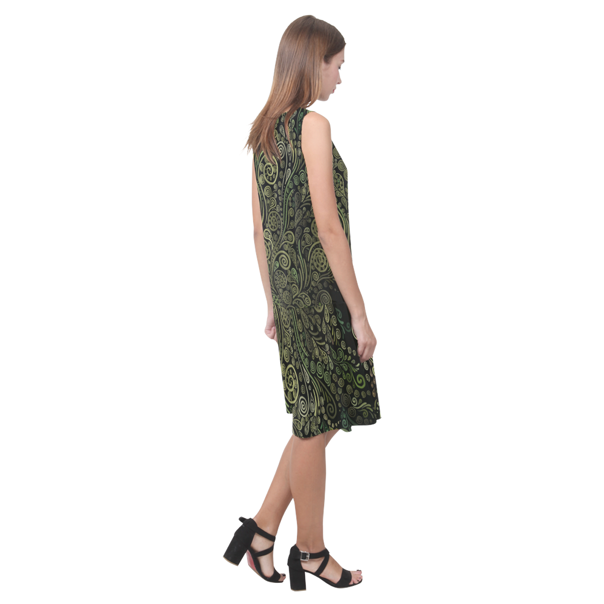 3D Ornaments -Fantasy Tree, green on black Sleeveless Splicing Shift Dress(Model D17)
