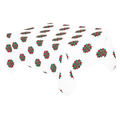 Metallic Red & Green Christmas Bows on White Cotton Linen Tablecloth 52"x 70"