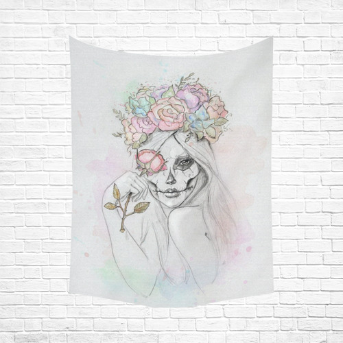 Boho Queen, skull girl, watercolor woman Cotton Linen Wall Tapestry 60"x 80"