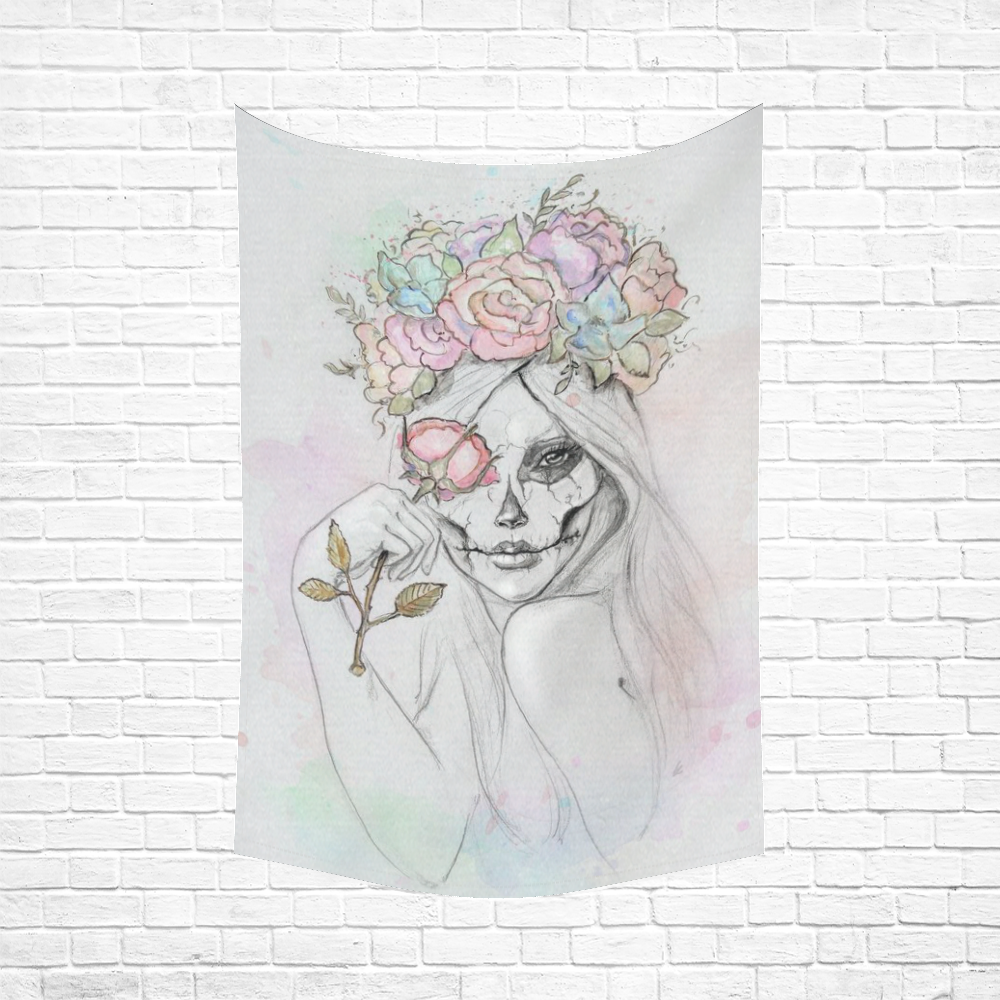 Boho Queen, skull girl, watercolor woman Cotton Linen Wall Tapestry 60"x 90"