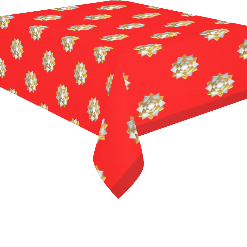 Metallic Silver And Gold Bows on Red Cotton Linen Tablecloth 52"x 70"