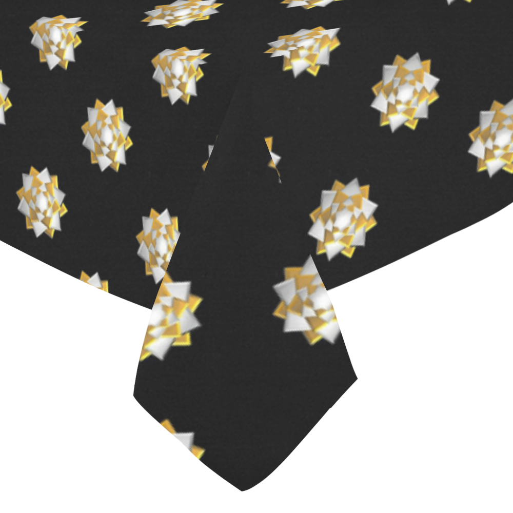 Metallic Silver And Gold Bows on Black Cotton Linen Tablecloth 52"x 70"