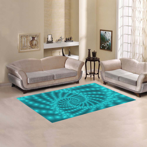 Glossy Turquoise Beaded Spiral Fractal Area Rug 5'x3'3''
