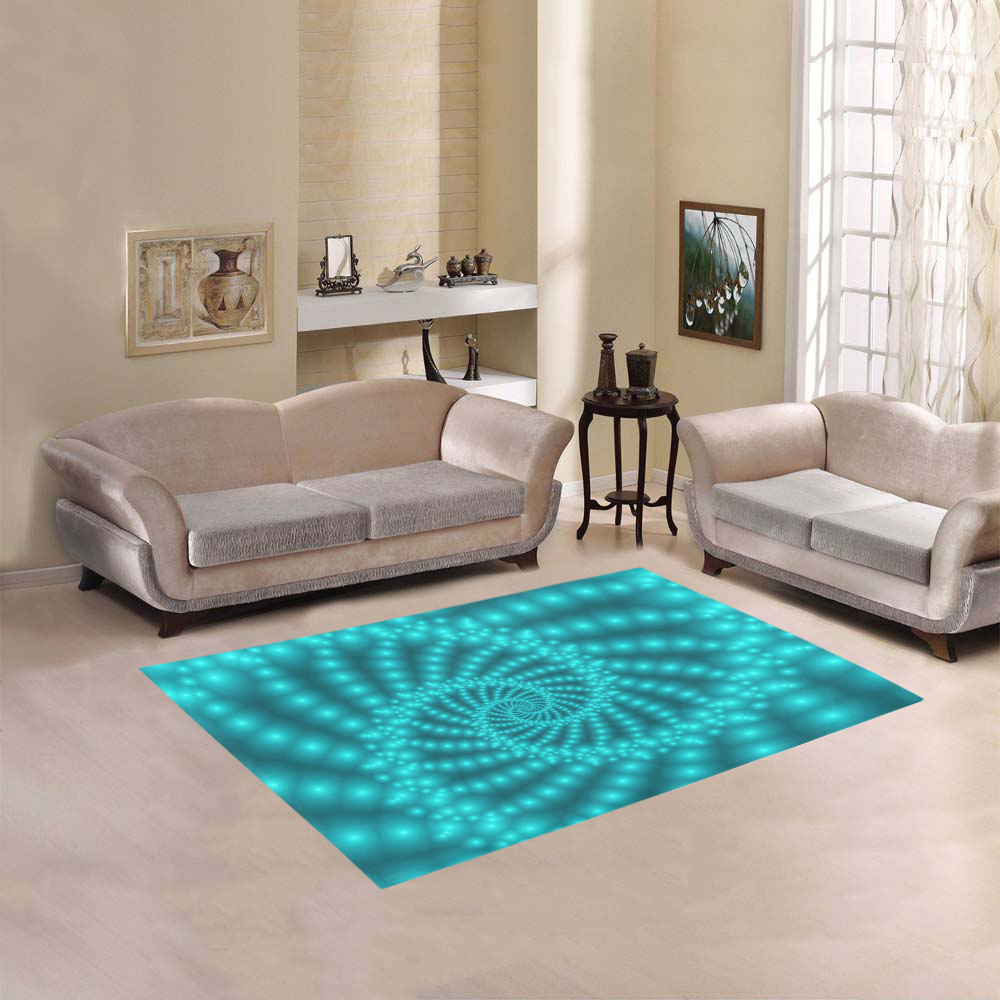 Glossy Turquoise Beaded Spiral Fractal Area Rug 5'3''x4'