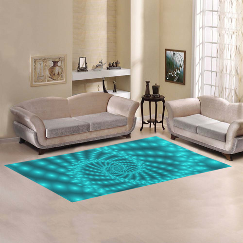 Glossy Turquoise Beaded Spiral Fractal Area Rug 7'x3'3''