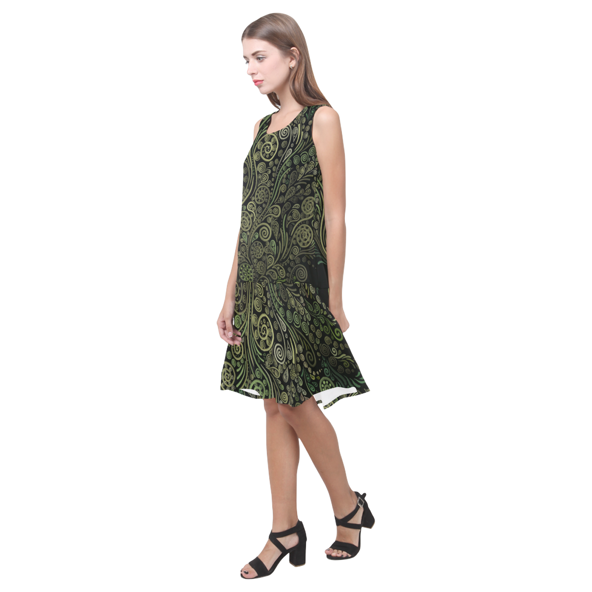 3D Ornaments -Fantasy Tree, green on black Sleeveless Splicing Shift Dress(Model D17)