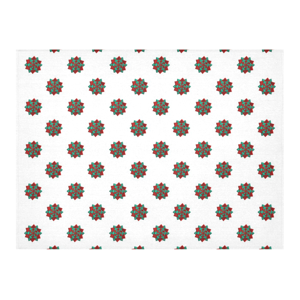 Metallic Red & Green Christmas Bows on White Cotton Linen Tablecloth 52"x 70"