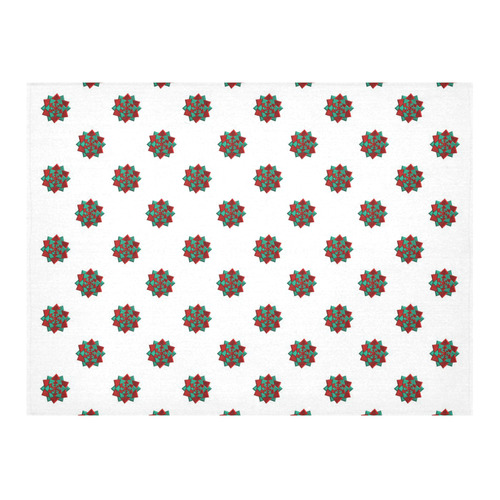 Metallic Red & Green Christmas Bows on White Cotton Linen Tablecloth 52"x 70"